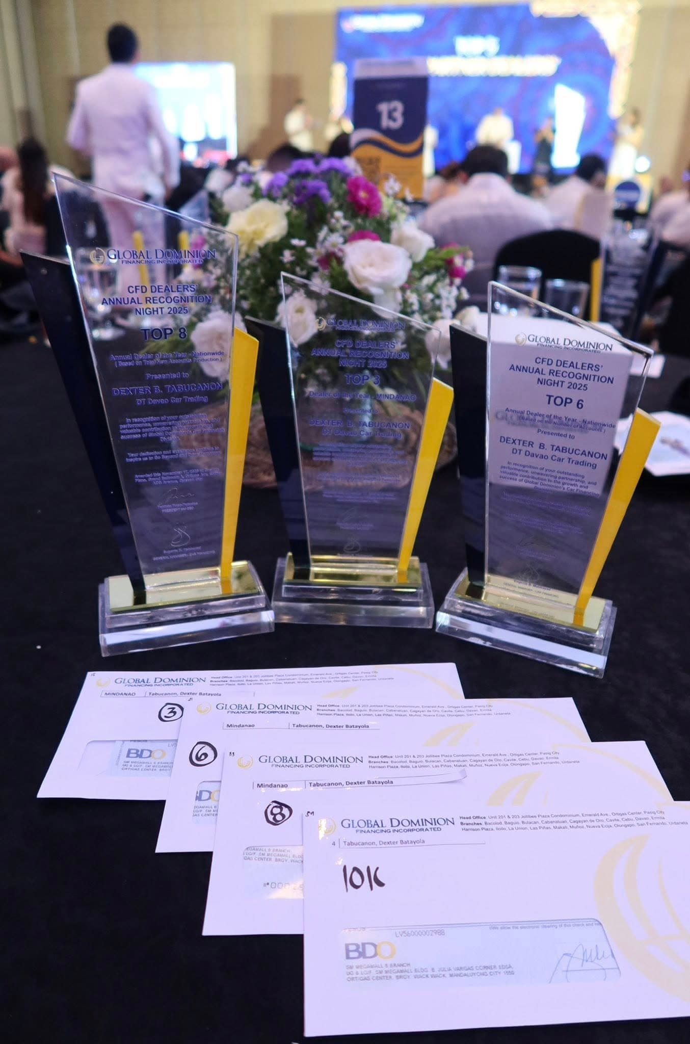 Global Dominion CFD Dealers Annual Recognition Night 2025 — Top 3, Top 6, and Top 8 trophies and BDO cheques presented to Dexter B. Tabucanon of DT Davao Car Trading