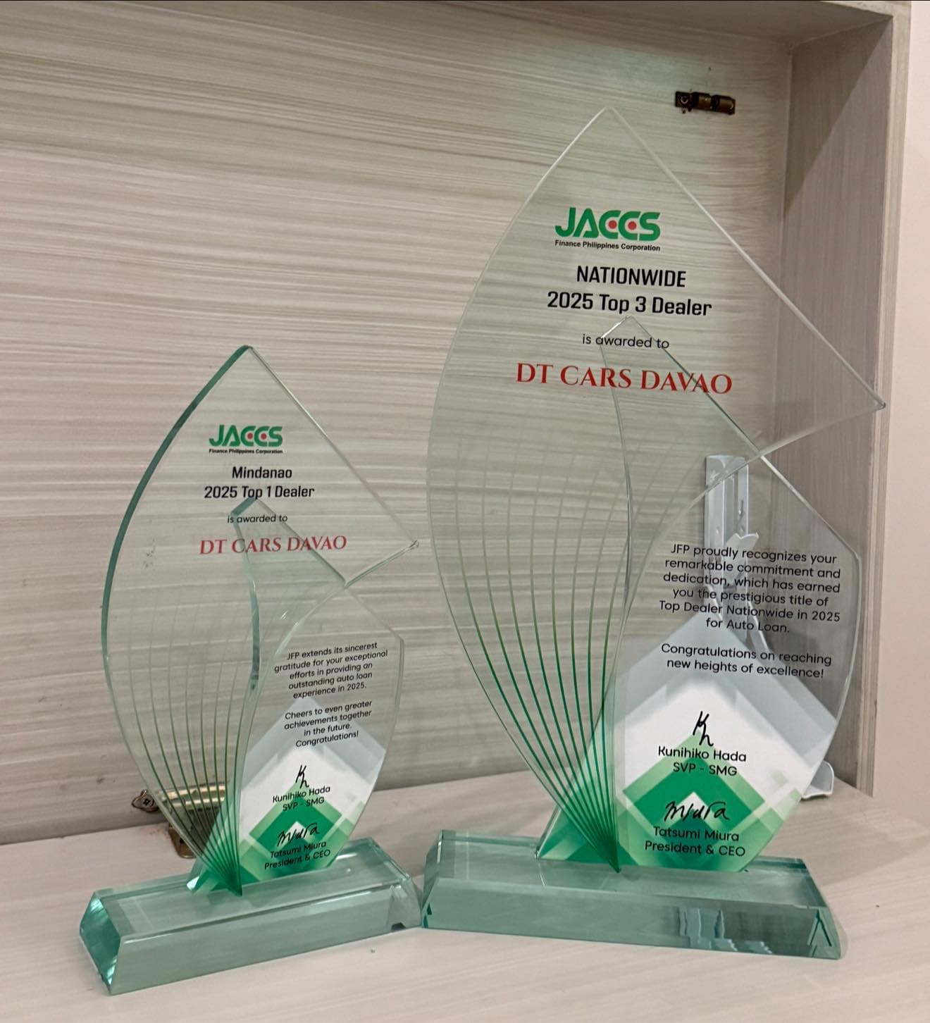 JACCS Finance Philippines — Mindanao 2025 Top 1 Dealer and Nationwide 2025 Top 3 Dealer trophies awarded to DT Cars Davao